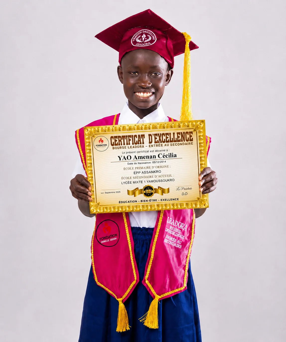 Boursiere LEADORA avec son certificat d excellence