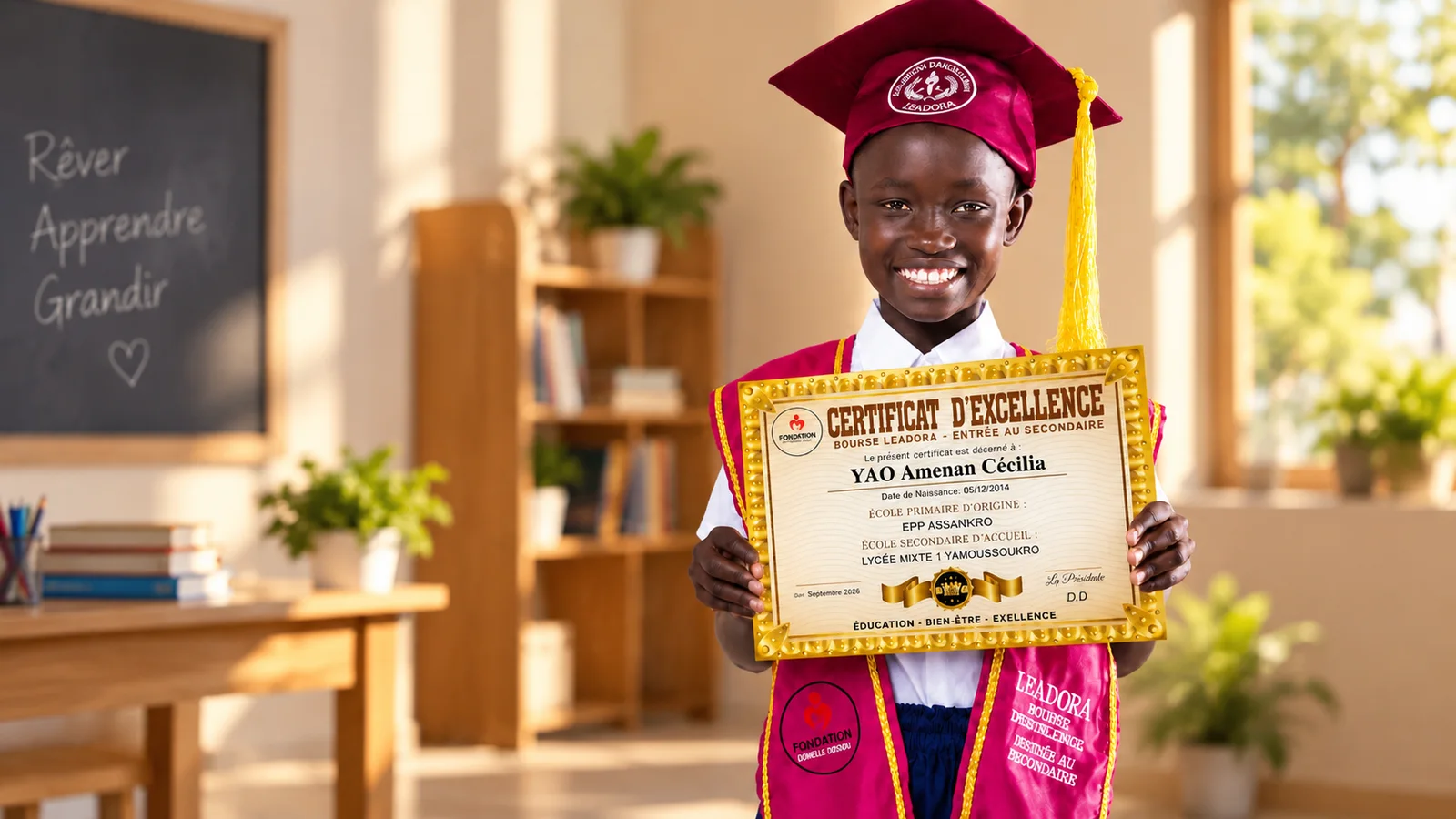 Cécilia, boursière LEADORA, avec son certificat d’excellence dans sa salle de classe